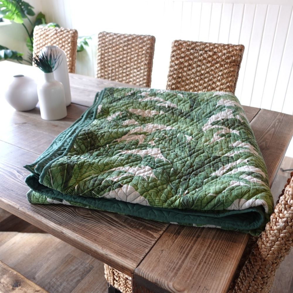 RZ by Rachel Zoe Tropical Palm Leaf Quilt King Green White Botanical Reversible